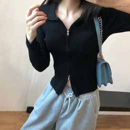 Women's Sweaters 2023 Autumn Winter Double Zipper Pit Strip Knit Cardigan Sweater Solid Short Jacket Skinny Navel Lapel Long Sleeve Top L