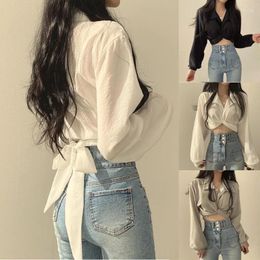Women's Blouses Vintage Y2K Streetwear Harajuku Sexy Women Blouse Crop Top Korean Style Trends Black White Long Sleeve Shirt Female Tunic