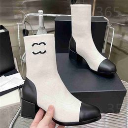 Top Design Winter Boots 2023 Channel Fashion Women Vintage Decorative Leather Cotton Cloth Wool Warm Keeping High Heel Thick Sole Snow Flat Socks Shoes 010-04