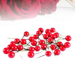 Decorative Flowers 100pcs Red Fruit Berry Holly Artificial Flower Pick Christmas DIY Home Decor Ornament (12mm)