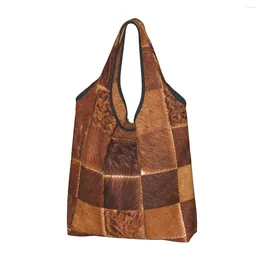 Shopping Bags Reusable Brown Checkered Cowhide Patches Grocery Recycle Foldable Animal Fur Leather Texture Bag Fits In Pocket