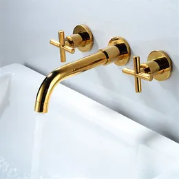 Bathroom Sink Faucets Basin Faucet Wall Mounted Double Handle Mixer Tap & Cold In-wall Antique Bronze Total Brass