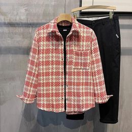 Men's Jackets 2023 Casual Plaid Texture Shirt Jacket Korean High Street Turn-down Collar Harajuku Retro Long Sleeve Coat M-3XL Autumn