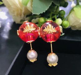 Stud Earrings Fashion Essence Sweet Transparent Red Round Ball Bee Back Hanging Pearl