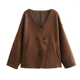 Women's Jackets 2023 Autumn Brown Jacket Cardigan Long Sleeve V-neck Asymmetrical Loose Woolen Outerwear Coat Top