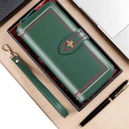 Genuine Leather Wallet Women Clutch Female Purse Long Money Bag Zipper Coin Wallet Bee Luxury Brand Wristlet Phone Hasp Wallets G2279h