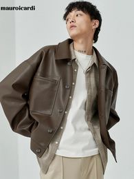 Men s Jackets Mauroicardi Spring Autumn Short Oversized Brown Black Soft Faux Leather for Men Pockets Long Sleeve Korean Fashion 231202