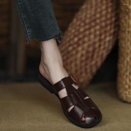 Sandals Closed Toe Casual Slippers Slip On Simple Mules Womens' Beach Shoes Summer Female Cowhide Mullers Outwear Spring Flats