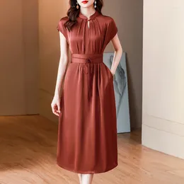 Casual Dresses Fragrant Gauze Dress Loose Belt Fashion Young Style Real Silk With Sleeves Red Long Skirt 2023 Spring And Summer