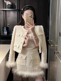 Two Piece Dress Women Autumn Jacket Fashion Small Fragrance Spliced Feather Coat Long Sleeve Skirt Suit Tweed Two Piece Sets Womens 231202