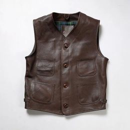 Men's Vests Summer Simple Casual Leather Biker Vest Men Women Lychee Texture Cow Horn Buckle Brown Retro Cowhide Undershirt Waistcoat