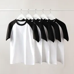 Men's T Shirts Heavyweight Black Raglan Short Sleeve Panel Contrast Vintage T-shirt For Men And Women Versatile Couple Style Pure Cotton Top