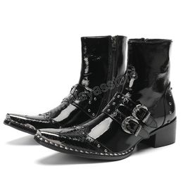 Black Patent Leather Mens Ankle Boots High Heel Spring Autumn Boots Metal Pointed Toe Short Boots Buckle Strap New Rivet Shoes