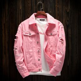 Men's Jackets Men Pink Denim jackets Outerwear Jean Coats Spring Autumn Men Holes Jena Jackets Men Slim Denim Jackets Size 3XL 231202