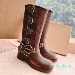 designer boots designer boots woman Harness Belt Buckled cowhide leather Biker Knee Boots chunky heel zip Knight boots Fashion square toe