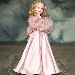 Girl Dresses Satin Tulle Flower Dress For Wedding Long Sleeve Pink Princess Birthday Party Ball Pageant First Communion