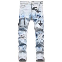 jeans pants designer jeans Men's Jeans slim fitting new trendy brand versatile straight pants embroidery quilting ripped brand vintage pant fashion it is very good