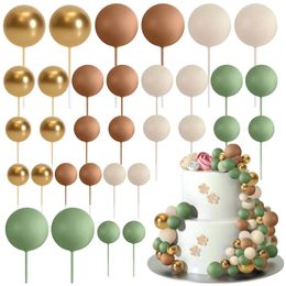 Cake Tools 32pcs Sage Green Brown Topper Gold Foam Balls DIY Insert Decoration for Baby Shower Birthday Party Decorationion 231202