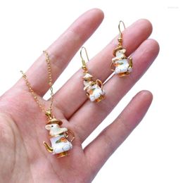 Necklace Earrings Set 634C Pendant Enamel Chipmunk Teapot Dangle Y2K Jewelry Chain For Daily Party Wear