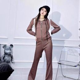 Women's Two Piece Pants ZHIO Fall 2023 Hooded Drawstring Zipper Coat High Waist Fitted Boot-Cut Trousers Casual Two-Piece Suit