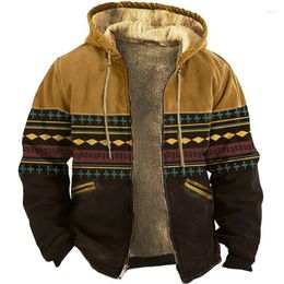 Men's Hoodies 3D Printed Autumn Winter Men Jackets Western Cowboy Vintage Fleece Cotton Sportswear Hooded Zipper Patchwork