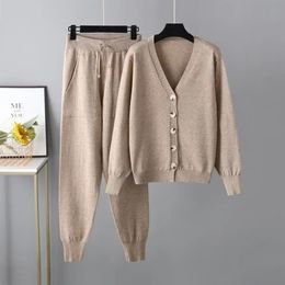 Womens Two Piece Pants Autumn and winter womens track clothing khaki Vneck cardigan sweater elastic mens knitted twopiece street set 231202