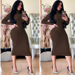 Casual Dresses Autumn Winter Bodycon Pencil Dress Women Long Sleeve Turtleneck High Waist Mid-calf Length Club Party Streetwear