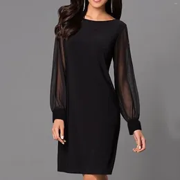 Casual Dresses Women Shiny Mesh Stitching Glamorous Black V Neck Mini Dress Long Sleeve Body Slim Elegant Office Lady