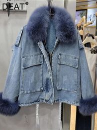 Women s Jackets DEAT Denim Coat Fur Plush Collar Loose Big Pockets Thick Warm Cotton padded 2023 Winter Fashion 29L4103 231202