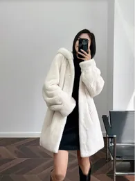 Women's Fur Winter Casual Loose Thickened WarmFaux Coat Imitation Mink Hair Hooded Mid-length Faux