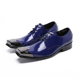Italian Style Blue Men Shoes Sqaure Toe Men Leather Shoes Fashion Lace-up Party&Wedding Shoes Men