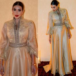 Elegant Moroccan Kaftan Gold Evening Dresses Long Sleeves A Line Arabic Formal Ocn Gowns Appliques High Neck Satin Celebrity Party Dress For Women