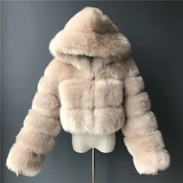 Womens Fur Faux Autumn Furry Cropped Coats Jackets Women Fluffy Top Coat Hooded Straight Short Winter Jacket Fashion Streetwear 231202