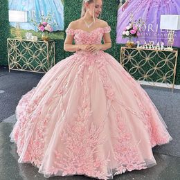 Pink Off The Shoulder Quinceanera Dresses Tulle Appliques Flower Beading Pageant Lace Up Vestidos De 15 Anos Princess Ball Gown