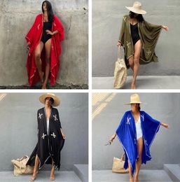 Women's Swimwear Human Cotton Embroidered Beach Blouse Sexy Cardigan Loose Holiday Shawl Bikini Outerwear Batwing Vacation Robe Style Cover