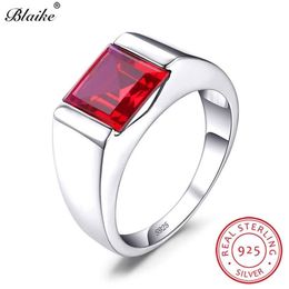 Boho Real s925 Sterling Silver Wedding Rings For Men Women Red Ruby Stone Square Zircon Engagement Ring Male Party Fine Jewelry 20263I