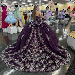 2024 Purple Shiny Sweetheart Quinceanera Dresses Off the Shoulder Ball Gown Appliques Lace Flower Crystal Vestidos De 15 Anos