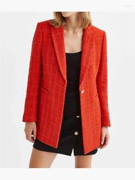 Women's Suits Ladies Fashion One Golden Button Red Loose Long Jackets Autumn Winter Feamle Casual Office Style 2023 Solid Blazer Outwear