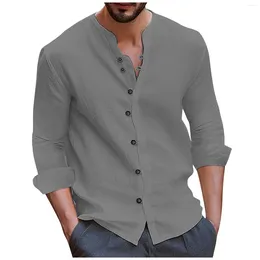 Men's Casual Shirts Autumn Shirt Retro Long Sleeved Tops Cotton Linen Comfort Fashion Solid Colour Blouse Collarless Top