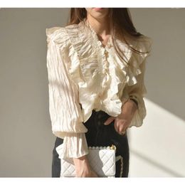 Women's Blouses 2023 Autumn Elegant Sweet V-neck Puff Sleeve Solid Colour Shirt Women Causal Chic Soft Single Breasted Chiffon Tees Top