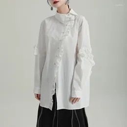 Women's Blouses Improved Chinese Style Shirts Women 2023 Autumn Loose Ruffle Long-sleeved Asymmetrical Collar Midi White Lapel Tops