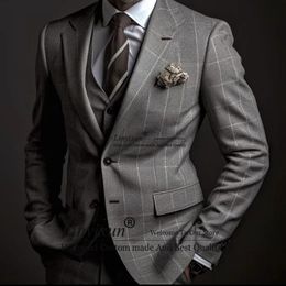 Men s Suits Blazers Fashion Dark Grey Plaid Mens Wedding Groom Tuxedo Business Blazer Slim Fit 3 Piece Daily Jacket Vest Pants Costume Homme 231202