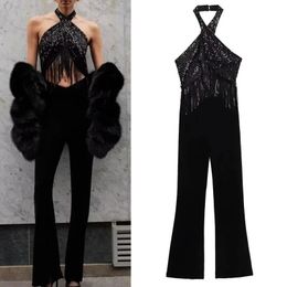 Women's Jumpsuits Rompers TRAF Women's Black Long Jumpsuit 2024 Sexy Woman Bodysuit Crossover Halter Neck Overalls Female Fashion Sequin Fringe One Pieces 231202