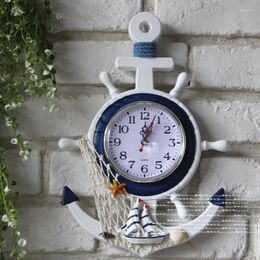 Wall Clocks Creative Clock Mediterranean Style Blue And White Rudder Anchor Electronic Watch Decoration Nautical Decor