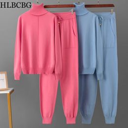 Womens Two Piece Pants 2piece womens knitted track suit turtle neck sweater carrot jogging pants drawstring set CHIC jacket 231202