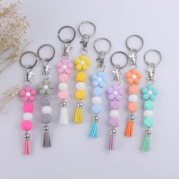 Colorful Cartoon Flower Handmade Beaded Silicone Key Chains Beaded Tassel Keyring Women Men Car Bag Pendant Key Chains