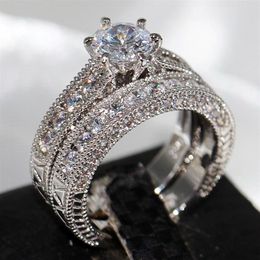 Vecalon Fashion New Arrival Retro Jewelry 14KT White Gold Filled Round Cut Topaz Gemstones CZ Crystal Enternity Bridal Couple Ring237r