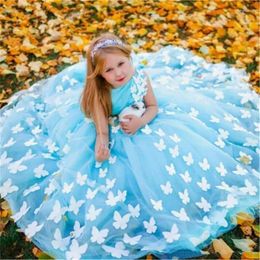 Girl Dresses Flower Dress Sleeveless Butterfly Pearls Round Collar Children Wedding Birthday Party First Communion Holiday Gown