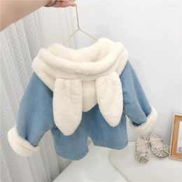 Jackets Baby Girls Ear Plush Thick Denim Jacket Kids Imitation Hair Warm Trench Coat Winter Cute Children's Clothes