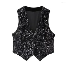 Women's Vests YENKYE Women Black Sleeveless V Neck Fitted Sequin Vest Chic Crop Top